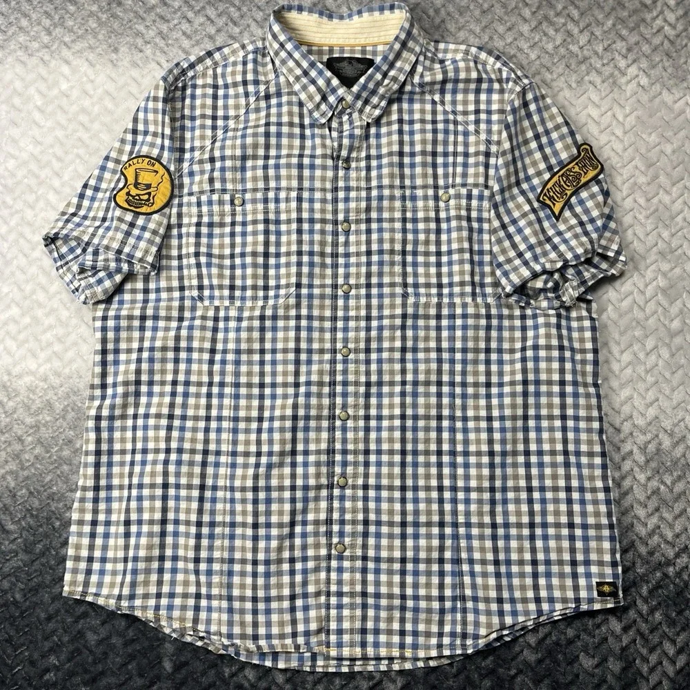 Harley Davidson Shirt Mens 3XL Pearl Snap Slim Check Skull Patches - Picture 2 of 12